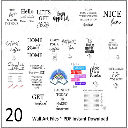Funny Bathroom Wall Art Printables – 20 Pack | Instant Download PDF | Laundry, Kitchen & Coffee Bar Decor | Humorous Printable Signs for Home